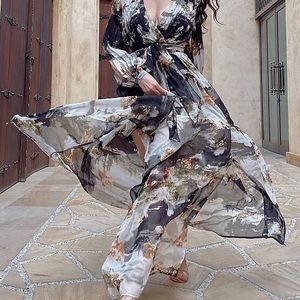 Fashion Nova Floral Maxi Dress - Black, White, Green, Orange